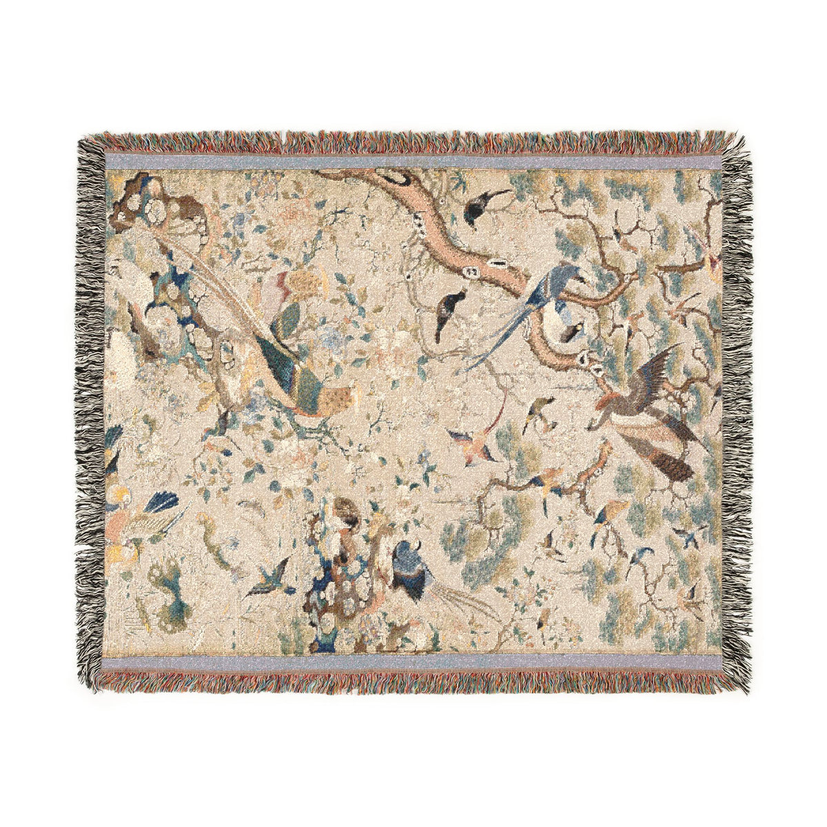 Myriad of Birds blanket front view, cream ground with colorful birds and flowering branches, lavender border, fringe
