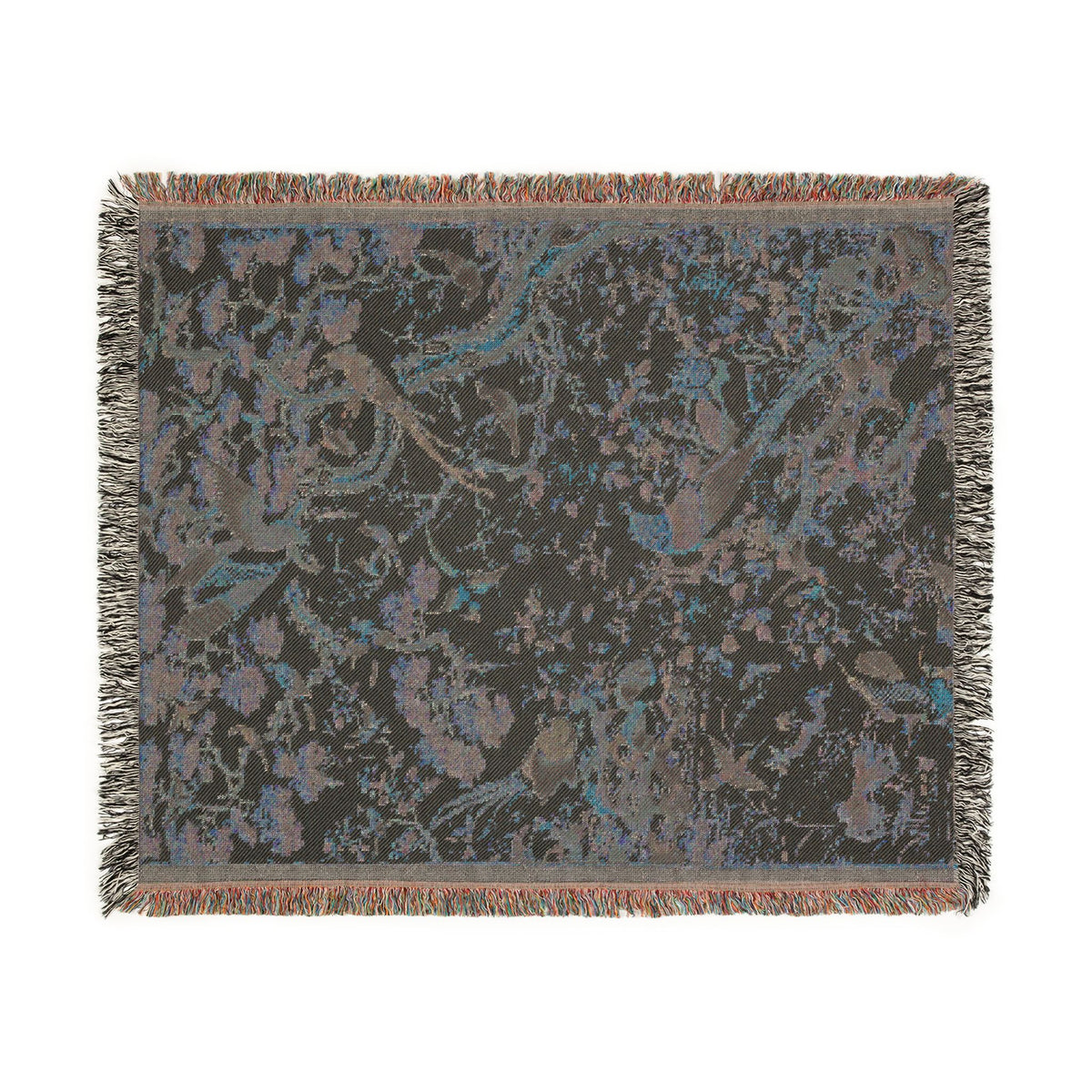Myriad of Birds blanket reverse side flat, dark charcoal with blue-grey bird and branch silhouettes, fringe