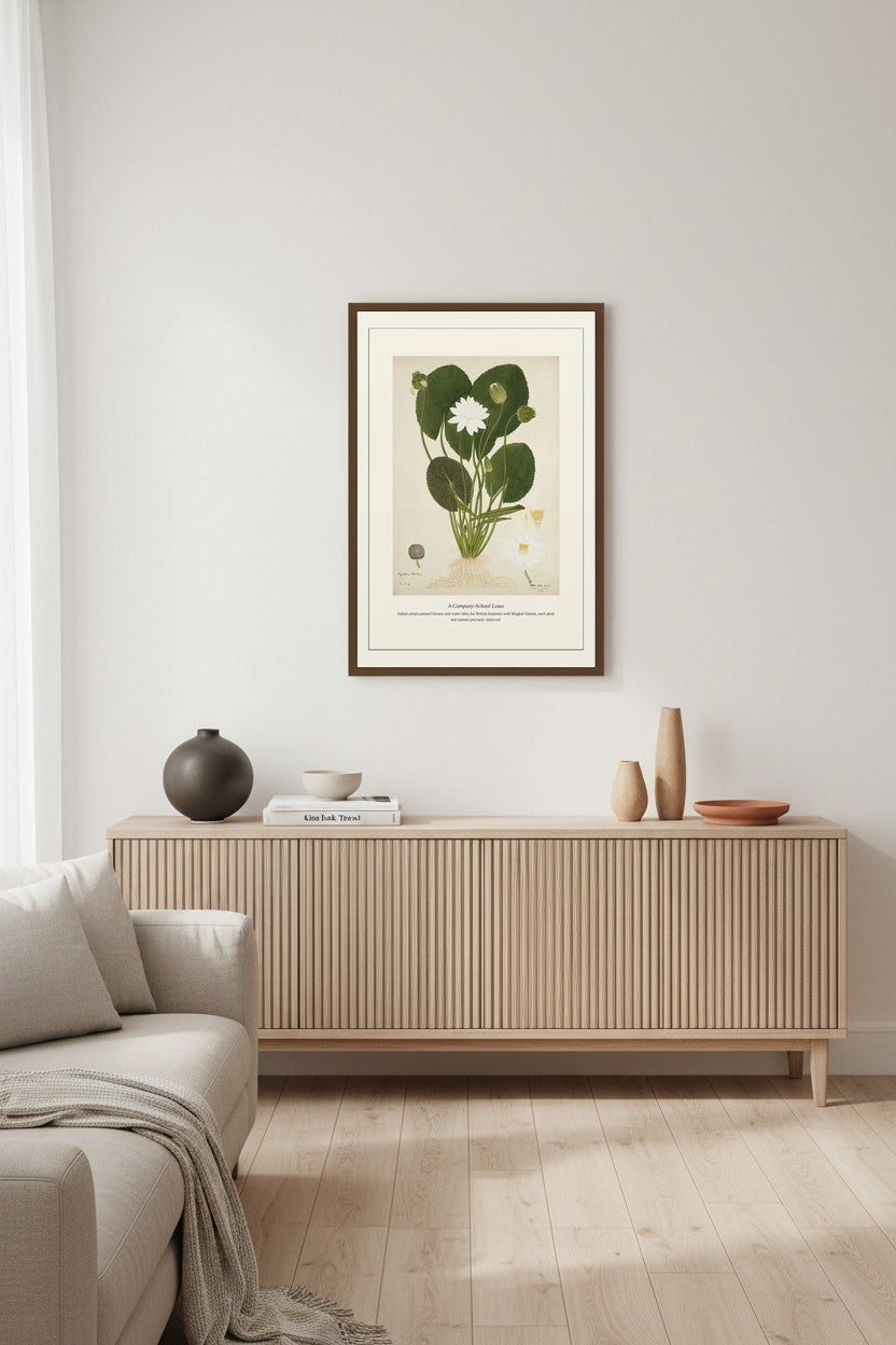 A Company-School Lotus hung above a ridged wood sideboard with ceramics