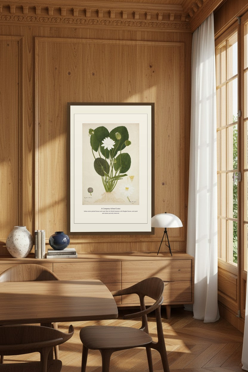 A Company-School Lotus displayed in a wood-paneled dining room with a lamp