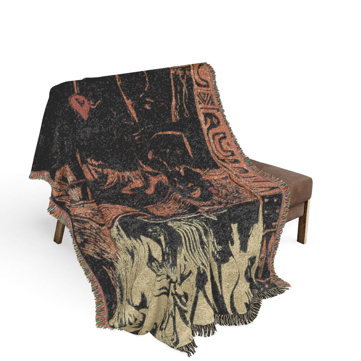 Nave Nave Fenua Woven Throw Blanket bench drape, Tahitian woodcut in salmon and charcoal over wooden bench, fringe