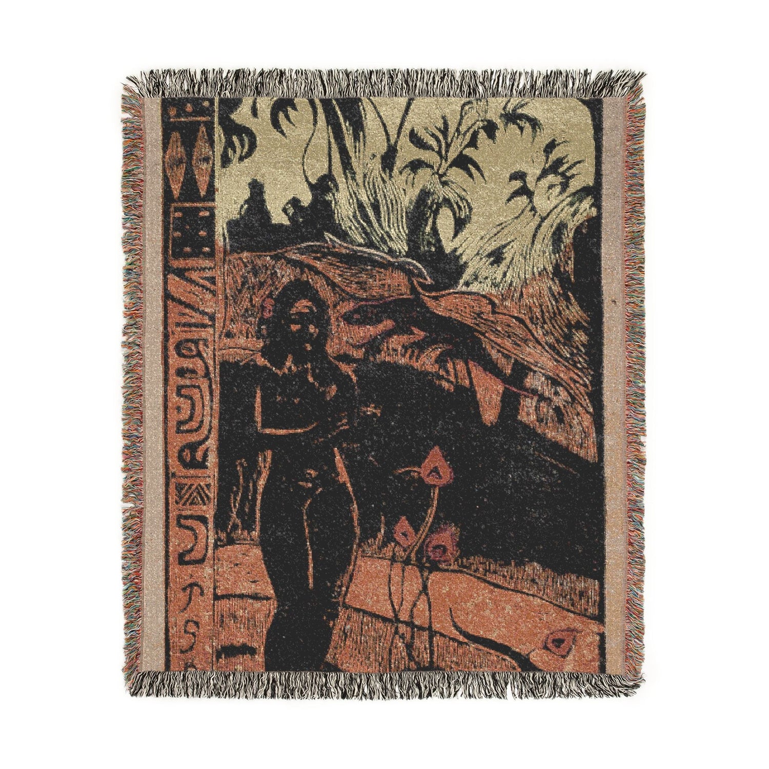 Nave Nave Fenua Woven Throw Blanket flat lay, bold Polynesian woodcut in terra-cotta and black, symbol border, fringe