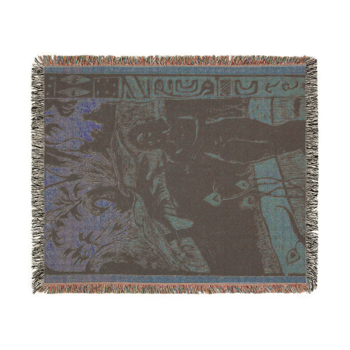 Nave Nave Fenua Woven Throw Blanket reverse flat lay, muted tropical tones on back weave, cream border, multicolor fringe