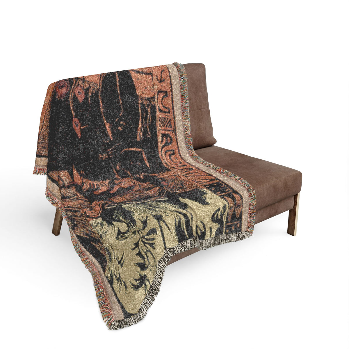 Nave Nave Fenua Woven Throw Blanket sofa drape, Gauguin tropical paradise palette across sofa, fringe edge