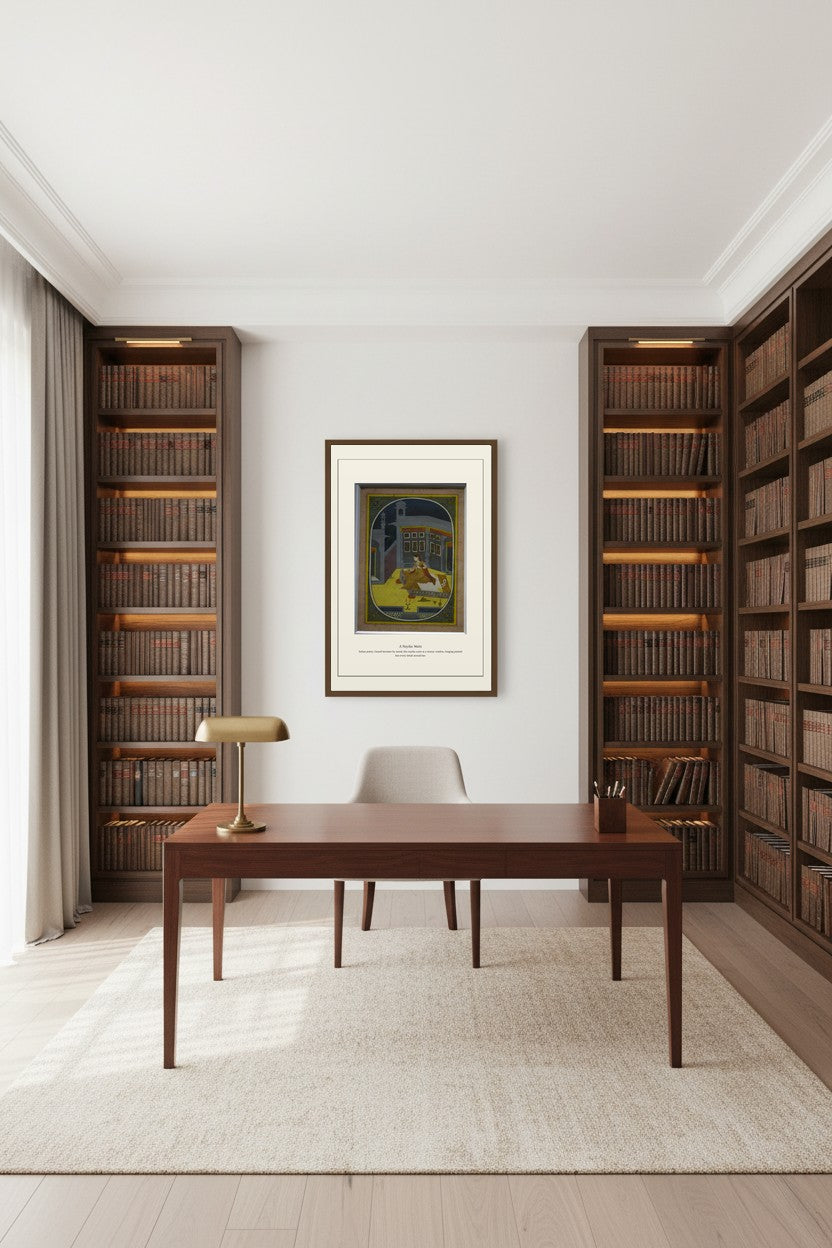 Framed A Nayika Waits print above a dark wood desk in a study with built-in bookshelves