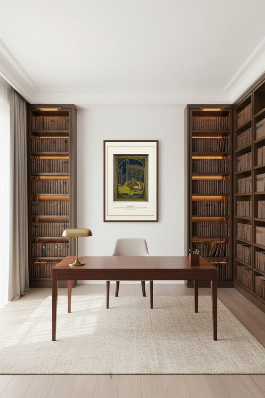 Framed A Nayika Waits print above a dark wood desk in a study with built-in bookshelves