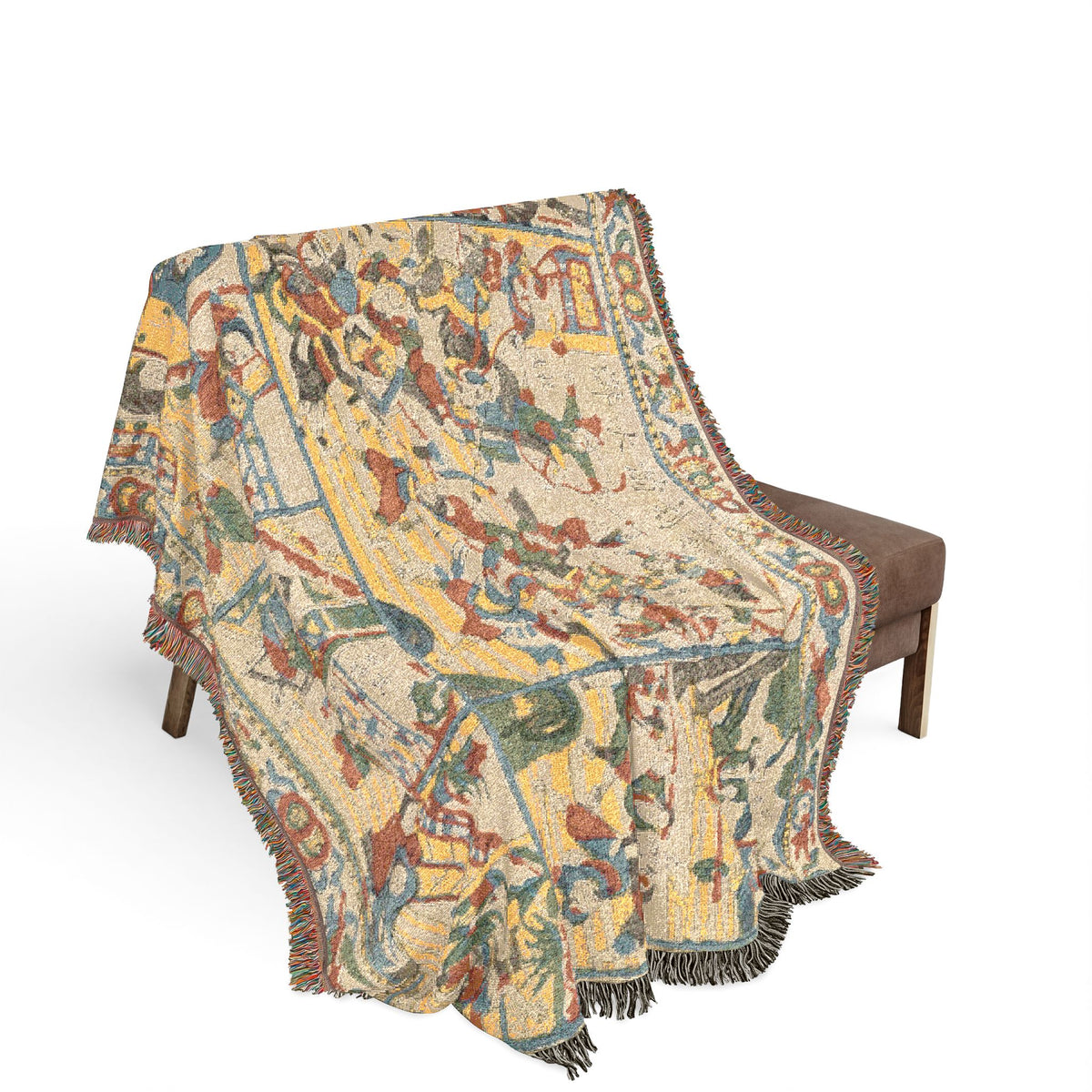 Newly Cut Print Outlaws of the Marsh throw blanket over a bench, battle scene cascading over seat and sides
