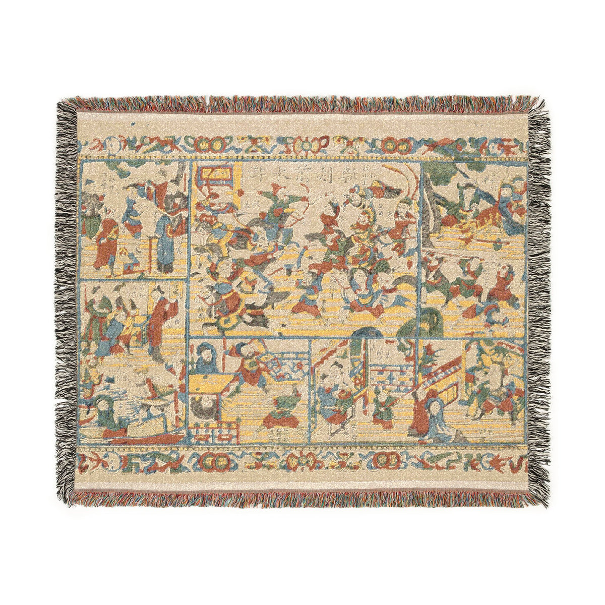 Newly Cut Print Outlaws of the Marsh throw blanket flat front, bold Chinese woodblock battle scene in rust and indigo