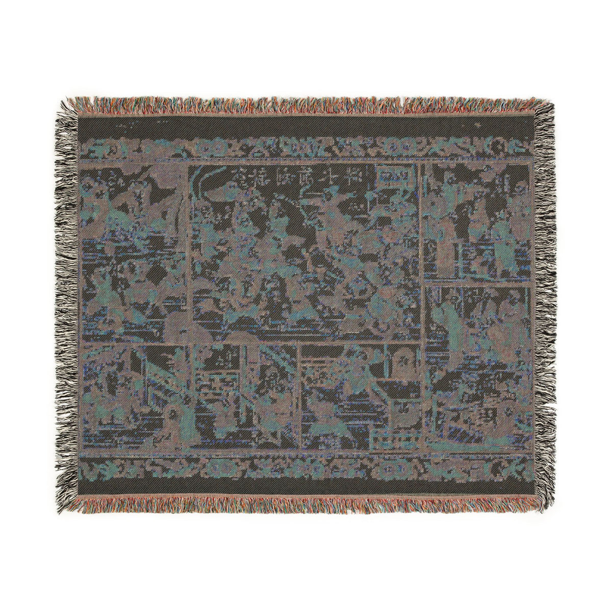 Newly Cut Print Outlaws of the Marsh throw blanket reverse flat, muted rust and indigo on the back side