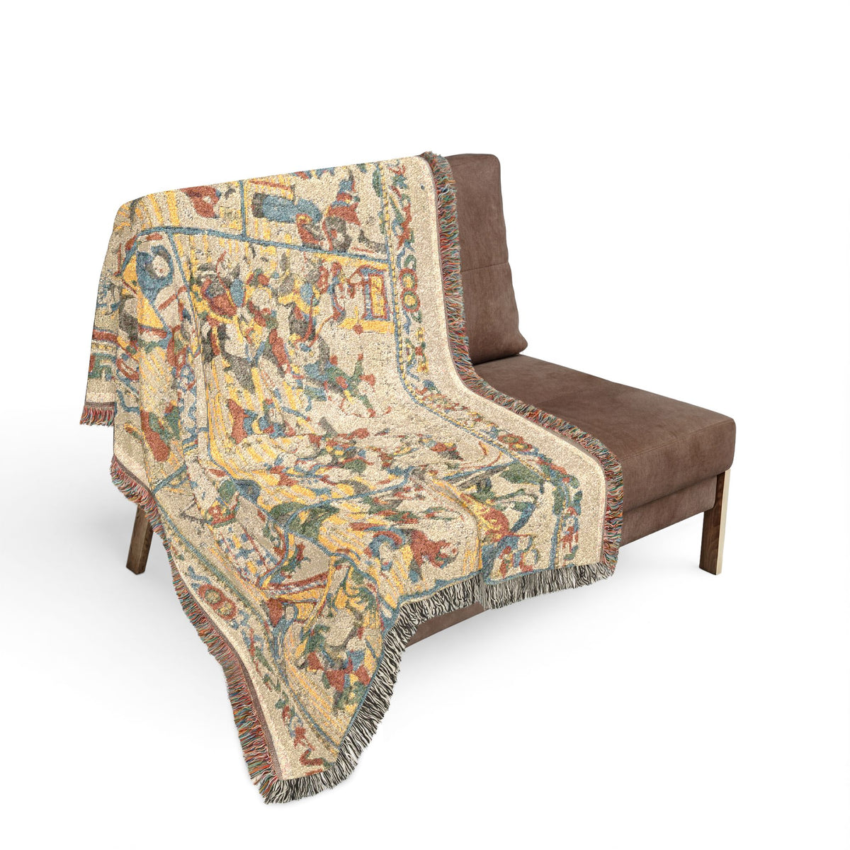 Newly Cut Print Outlaws of the Marsh throw blanket over a sofa, woodblock battle scene from back to seat