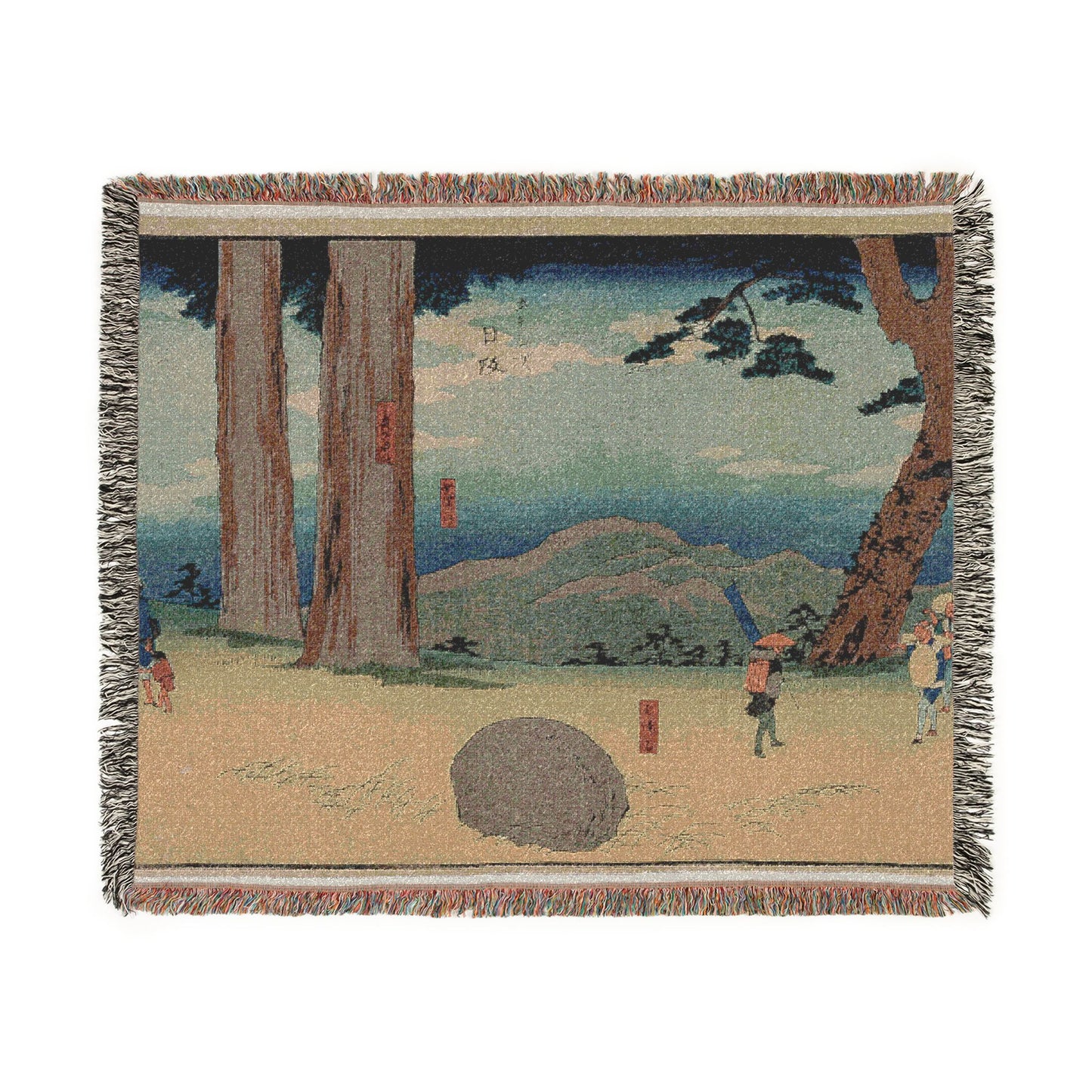 Nissaka Night-Weeping Stone throw blanket flat front, Japanese woodblock cedar trunks and rounded stone, blue sky, travelers