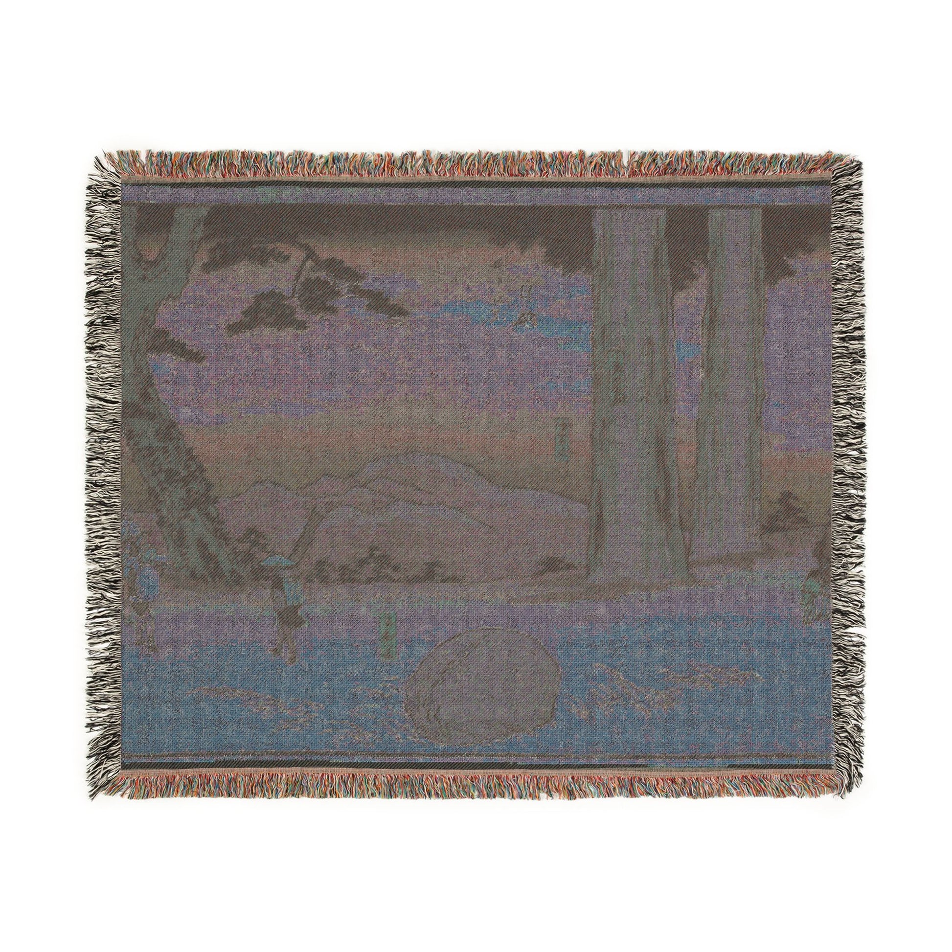Nissaka Night-Weeping Stone throw blanket flat reverse, dark charcoal with muted blue-purple abstract woven pattern, fringe