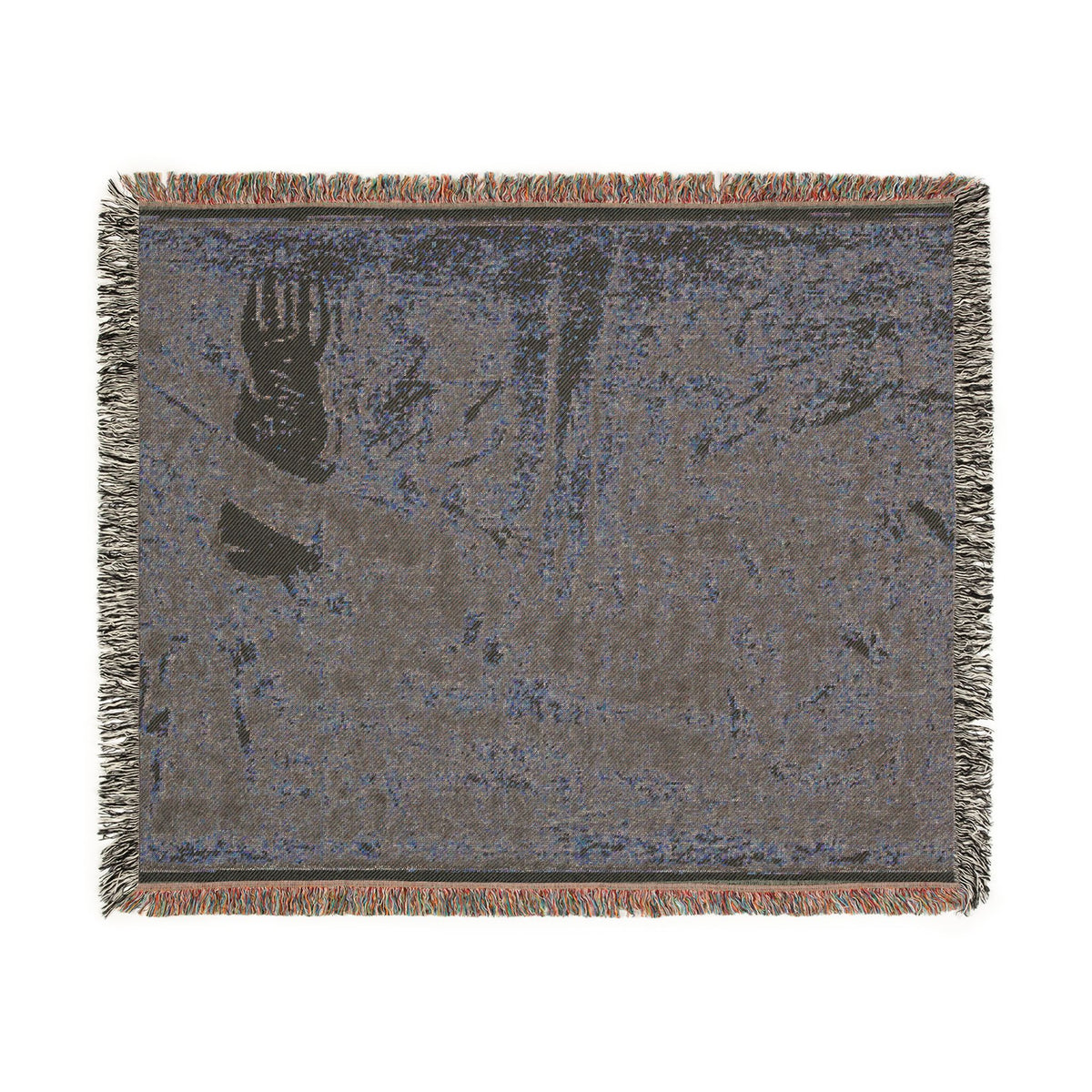 Noa Noa Woven Throw Blanket reverse flat lay, muted woodland tones on back weave, cream border, multicolor fringe