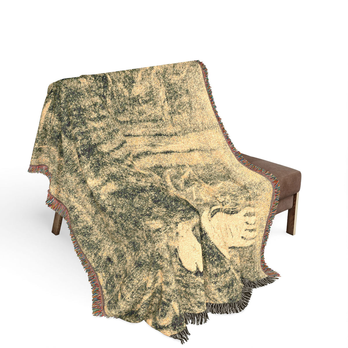 Noa Noa Woven Throw Blanket bench drape, tropical Tahitian figures in ochre and teal cascading over bench, fringe