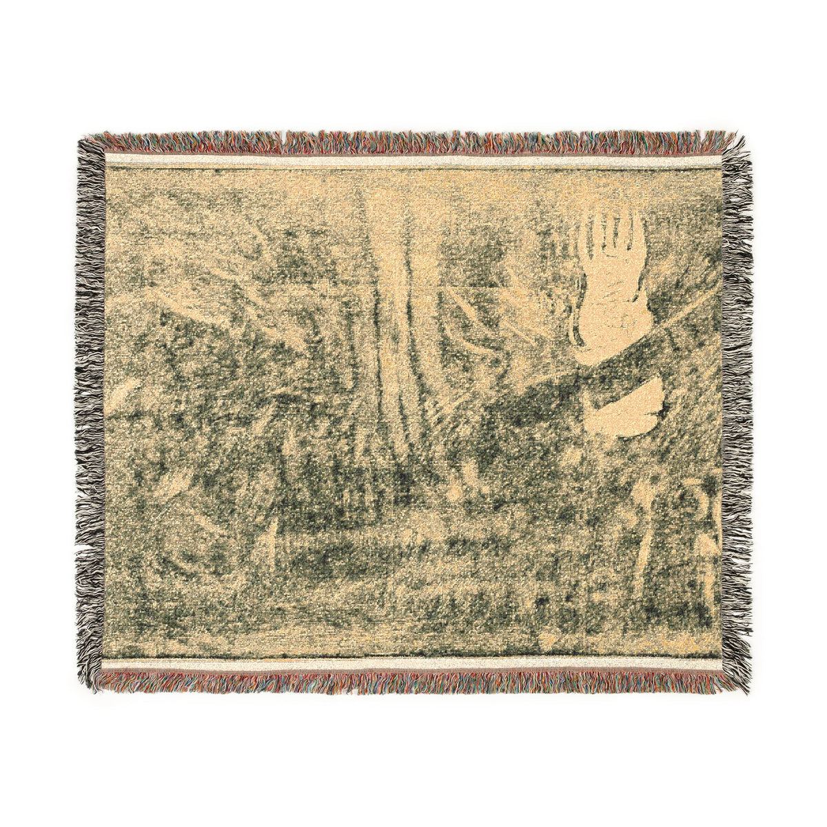 Noa Noa Woven Throw Blanket flat lay, Gauguin's Tahitian women scene in warm ochre and teal, cream border, fringe
