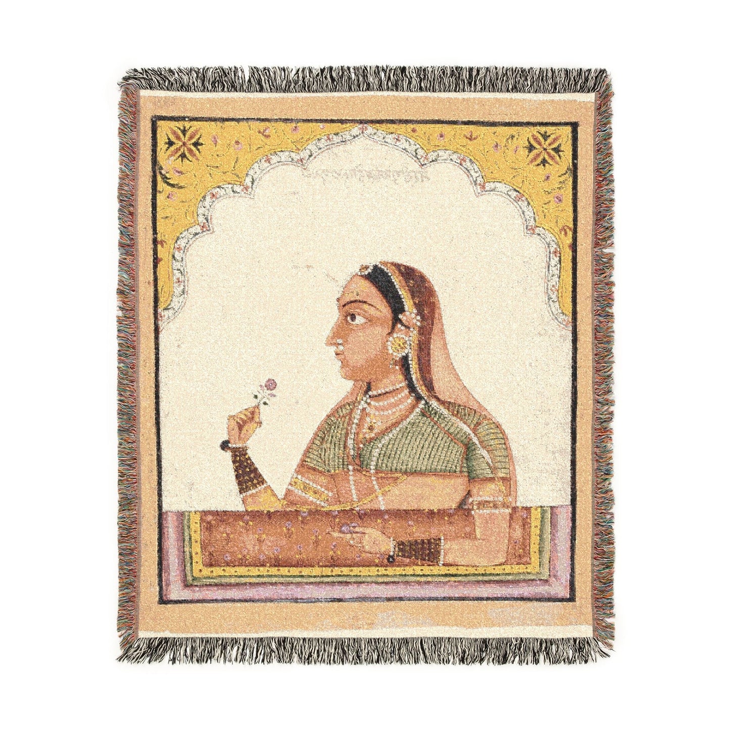 Noblewoman at a Jharokha Window throw blanket, cream with Mughal court figure holding rose, fringe, portrait flat lay