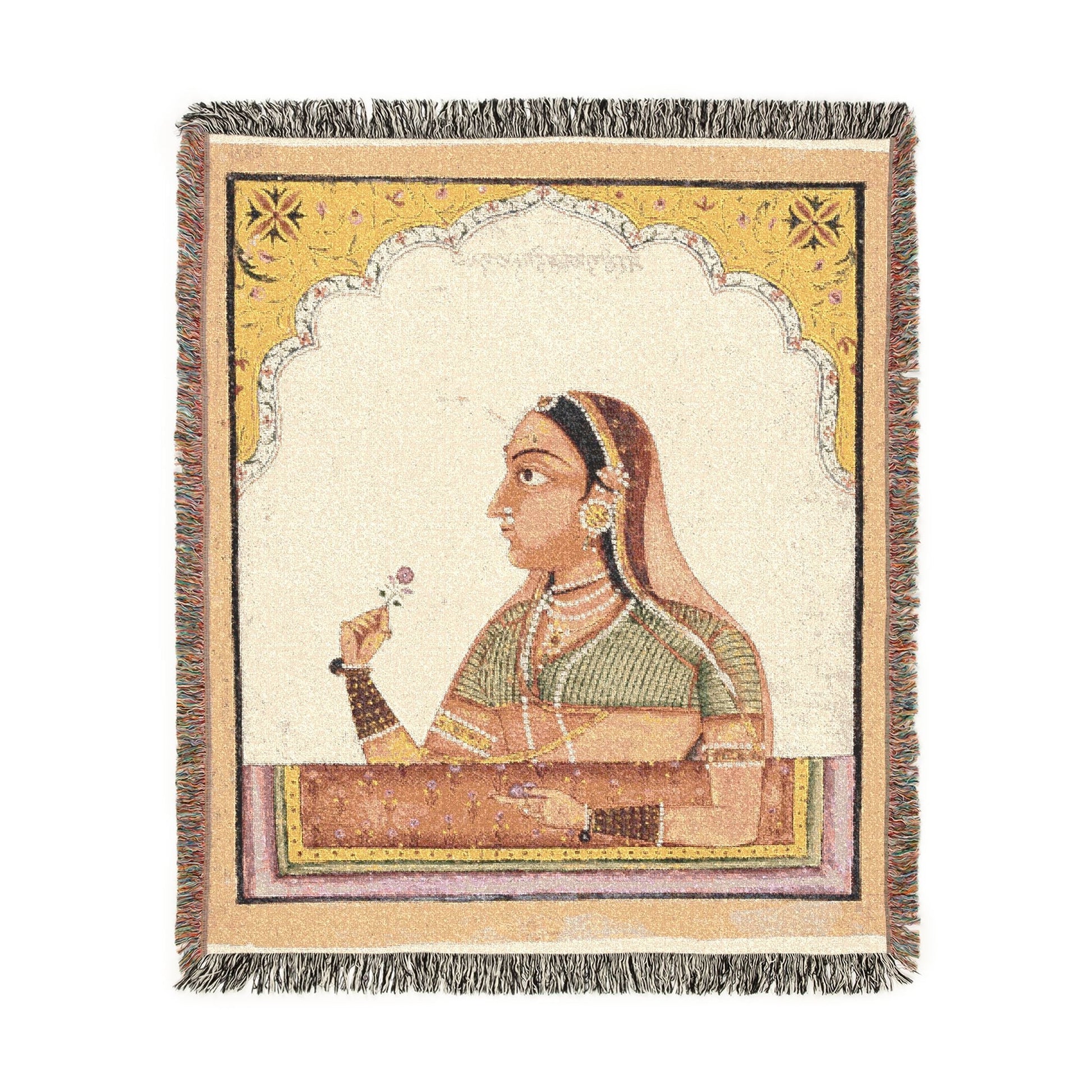 Noblewoman at a Jharokha Window throw blanket, cream with Mughal court figure holding rose, fringe, portrait flat lay