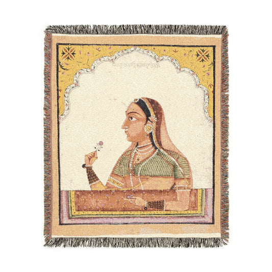 Noblewoman at a Jharokha Window throw blanket, cream with Mughal court figure holding rose, fringe, portrait flat lay