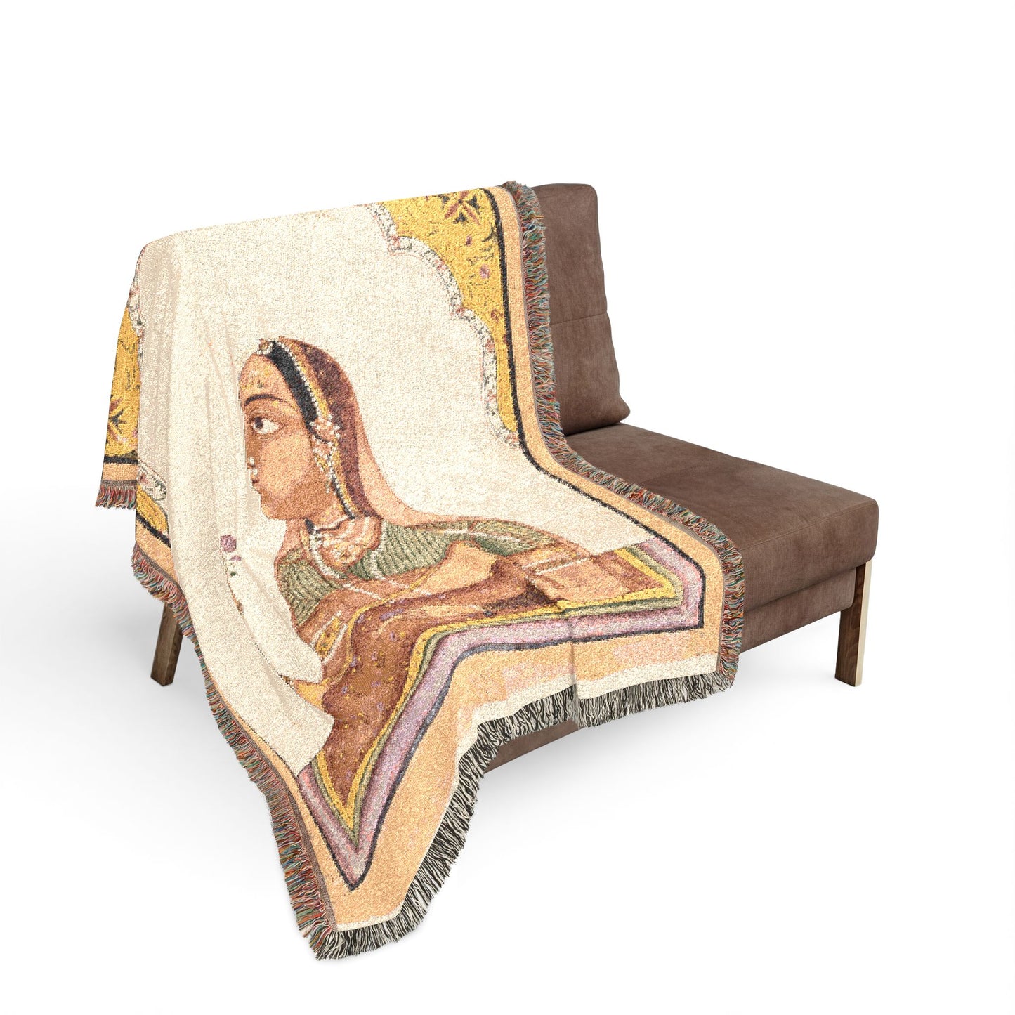 Noblewoman at a Jharokha Window throw blanket over loveseat, cream and gold Mughal court scene, fringe cascading