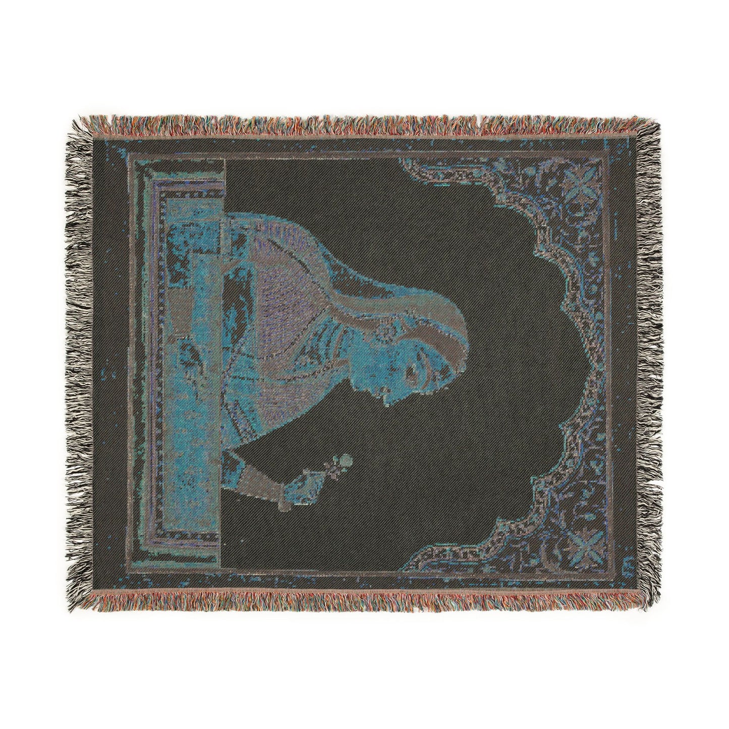 Noblewoman at a Jharokha Window throw blanket dark colorway, charcoal with teal-blue Mughal portrait, fringe all sides