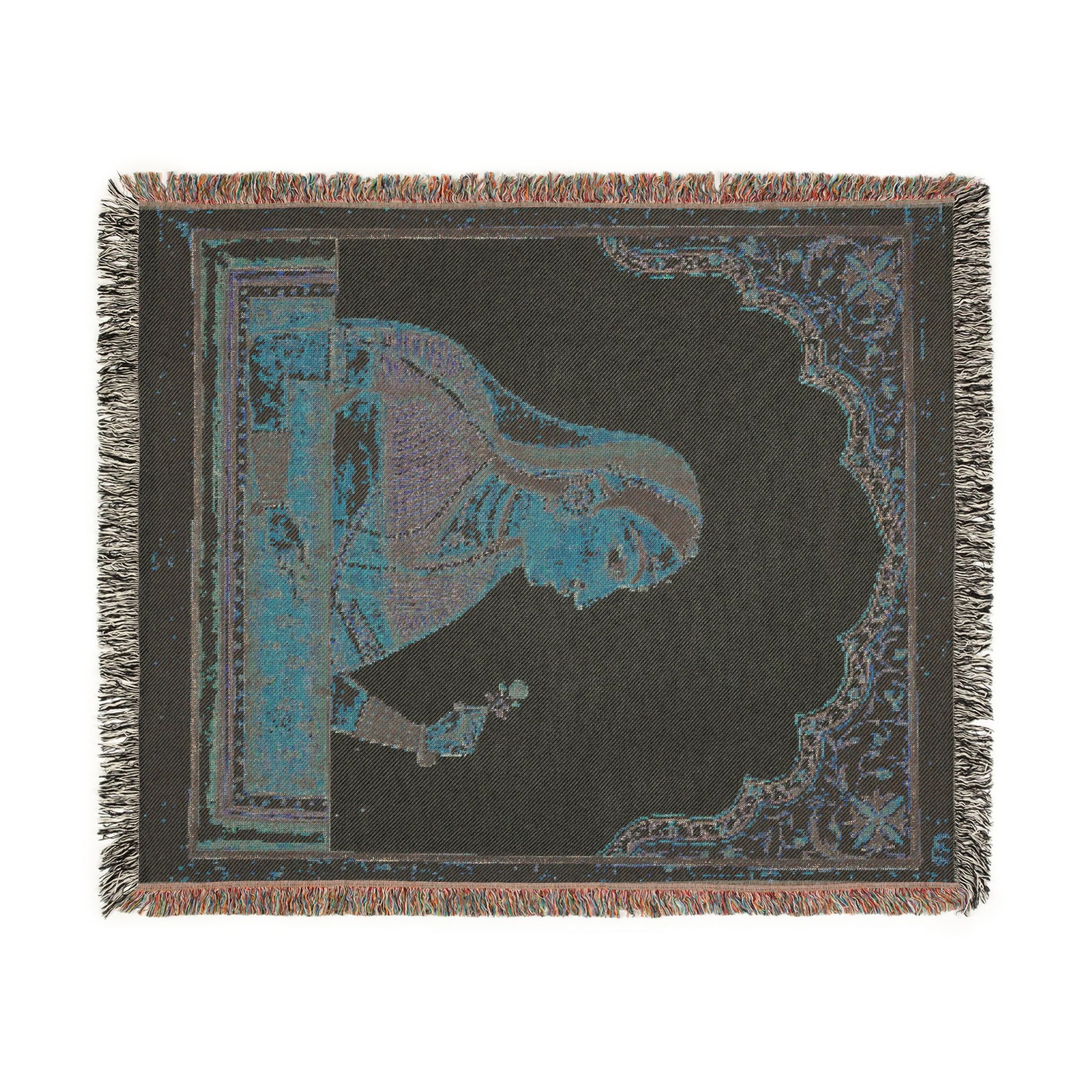 Noblewoman at a Jharokha Window throw blanket dark colorway, charcoal with teal-blue Mughal portrait, fringe all sides