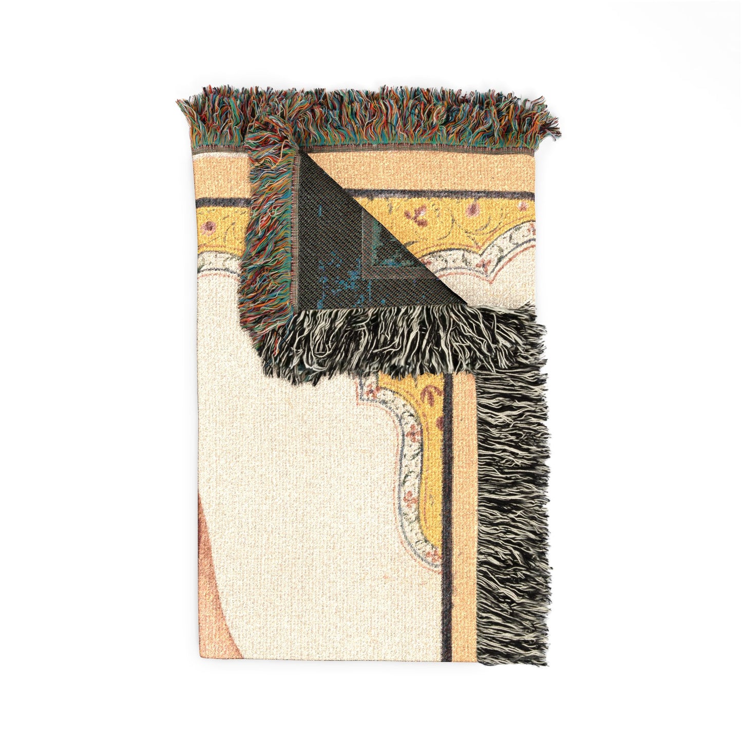 Noblewoman at a Jharokha Window throw blanket, cream front with charcoal reverse through triangular fold, corner detail
