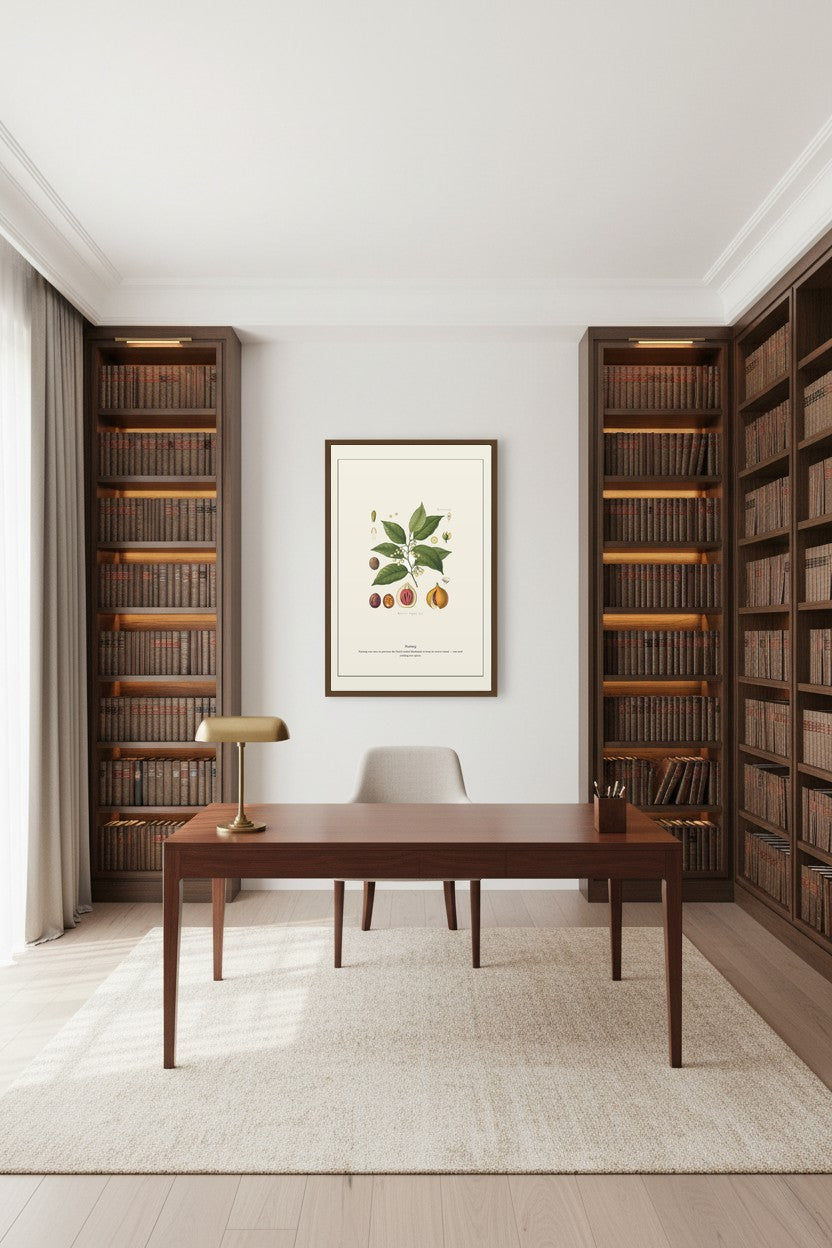 Nutmeg print framed in a dark wood library beside a writing desk