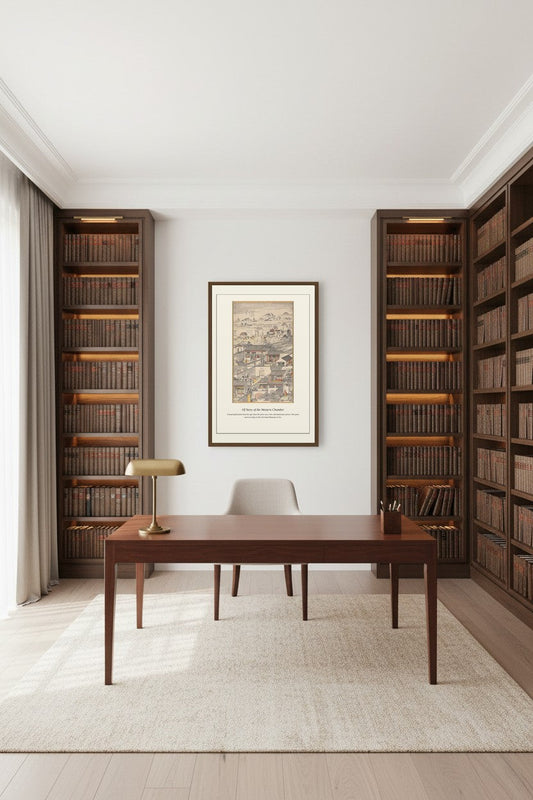 Of Story of the Western Chamber framed print on a coastal wall above a rattan bar cart