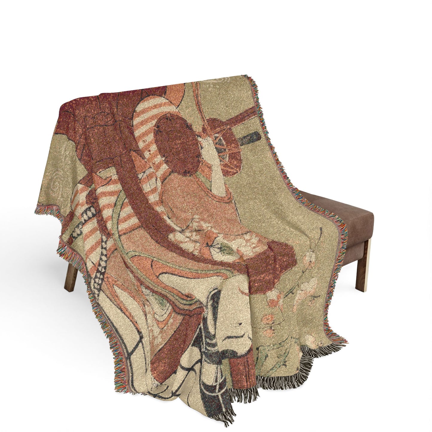 Onoe Kikugoro kabuki throw blanket draped over bench terracotta sage actor striped kimono plum blossom branches