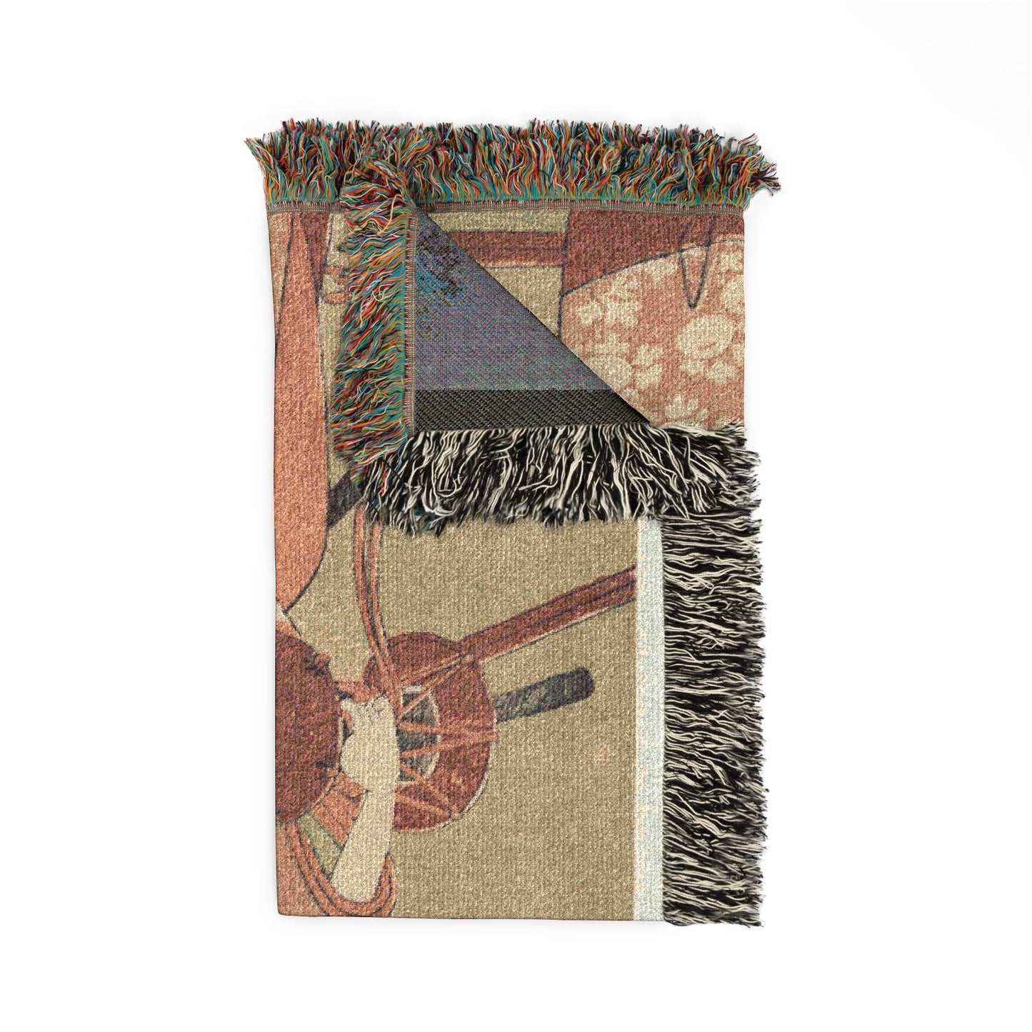Onoe Kikugoro kabuki throw blanket folded terracotta front kabuki scene grey reverse multicolor fringe