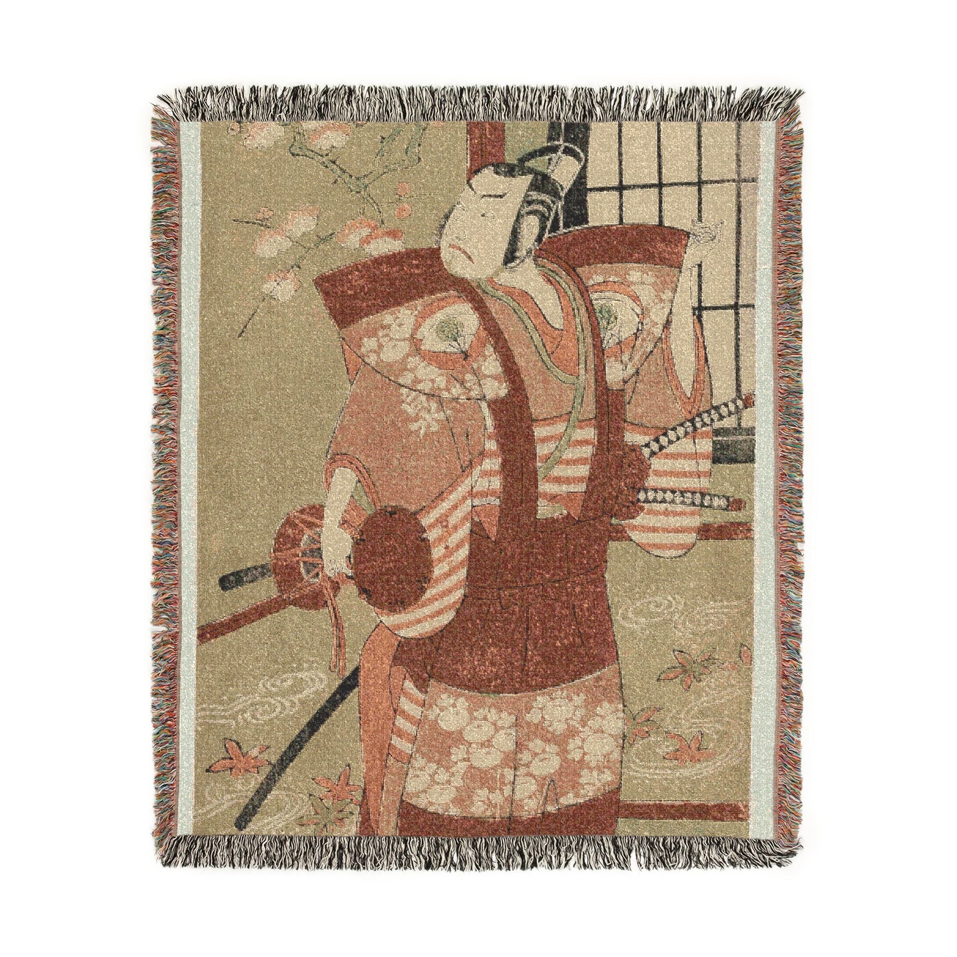 Onoe Kikugoro kabuki woven throw blanket flat lay actor in floral kimono sword terracotta sage plum blossoms