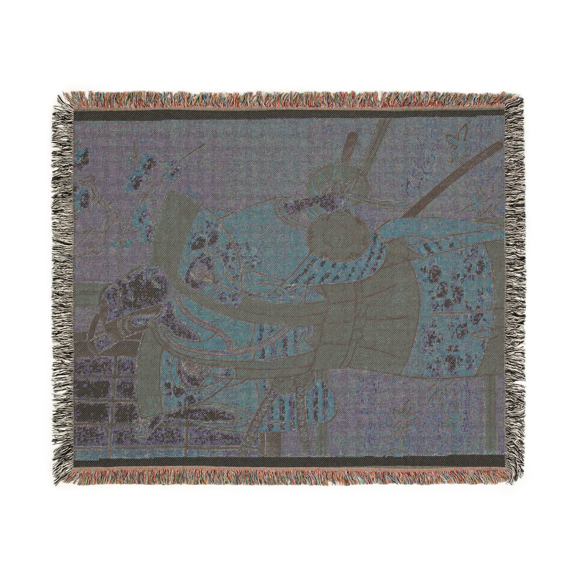 Onoe Kikugoro kabuki throw blanket reverse flat lay muted purple teal actor weave dark band border fringed edge