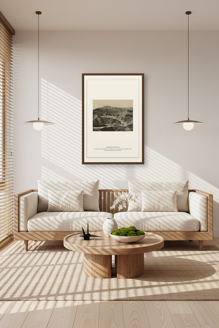 Framed Opening the Tomb photo above a sunlit sofa with pendant lights and a round coffee table