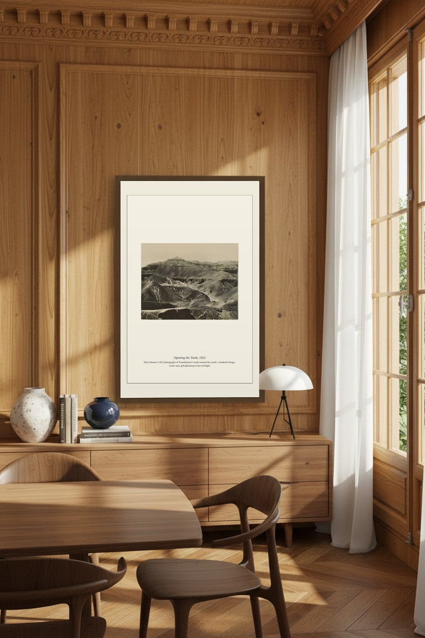 Opening the Tomb sepia photograph framed in a wood-paneled dining room above a sideboard
