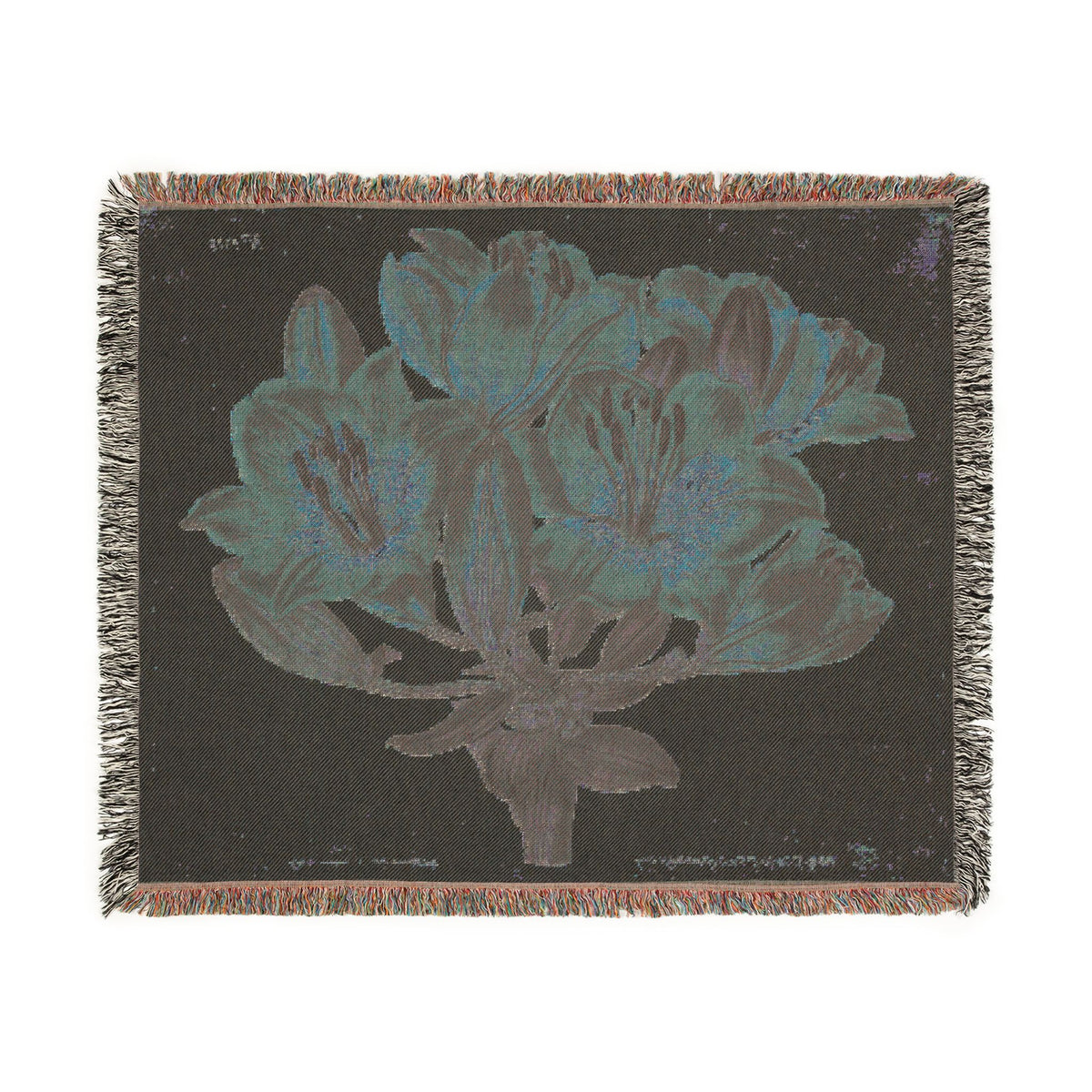 Orange-Lily Botanical blanket reverse side, dark charcoal background with lily cluster in blue-gray tones, fringe edges