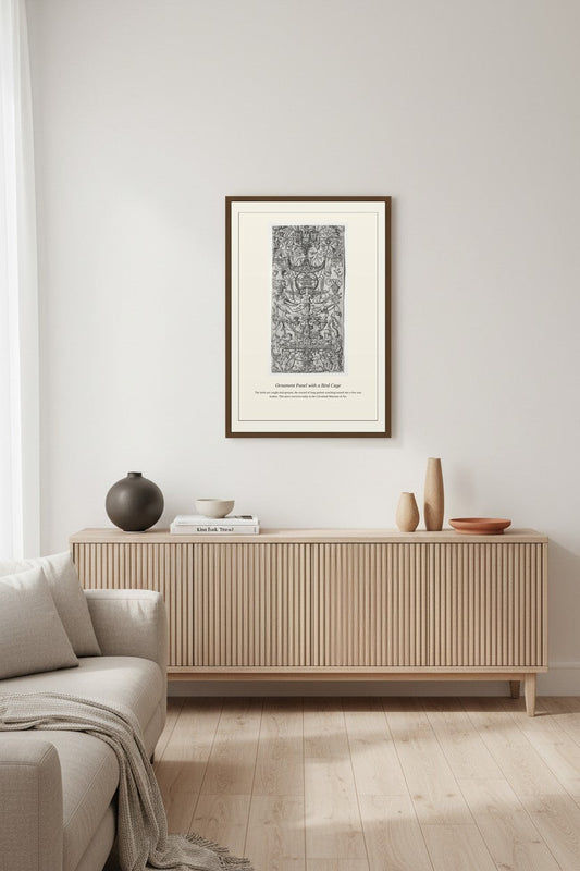 Ornament Panel with a Bird Cage displayed above a ridged wood sideboard beside a beige sofa