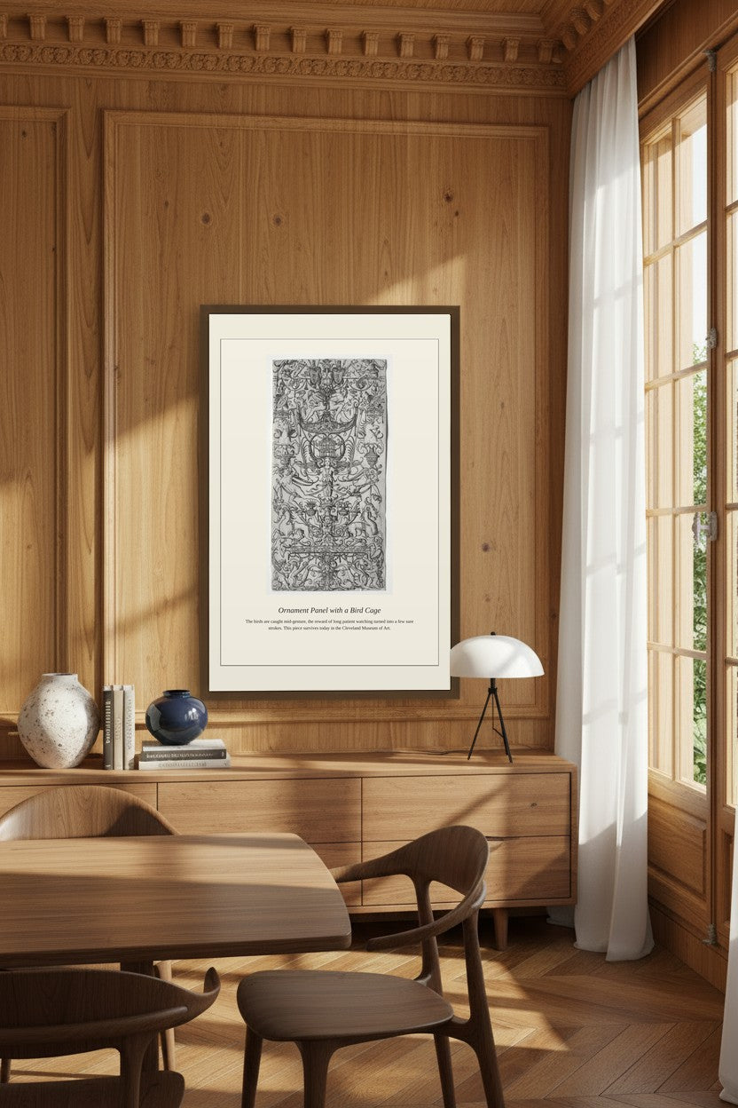 Ornament Panel with a Bird Cage framed print in a wood-paneled dining room beside a curtained window