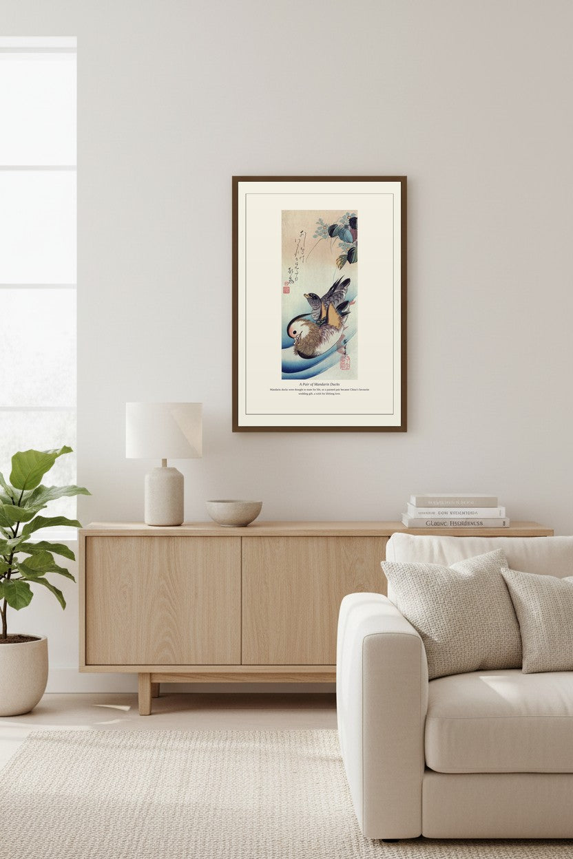 Framed Mandarin Ducks artwork above a light wood sideboard with a table lamp and bowl