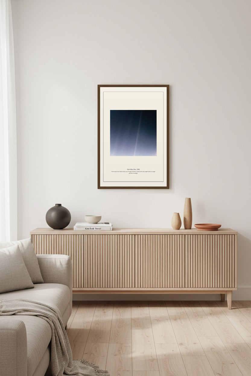 Pale Blue Dot print above a fluted wood sideboard in a bright neutral room