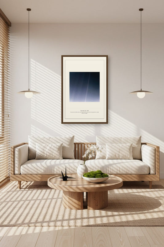Pale Blue Dot print framed above a linen sofa in a sunlit living room