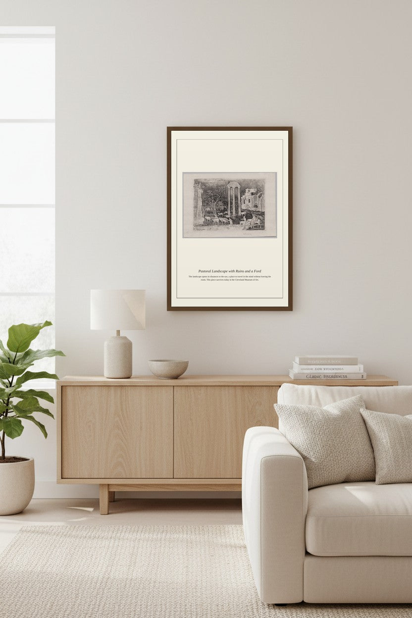 Pastoral Landscape with Ruins and a Ford — Antique Landscape Print