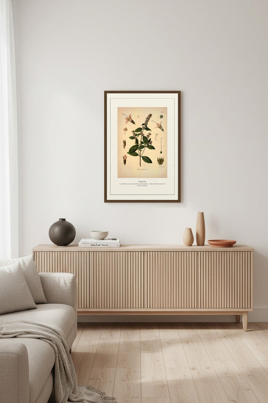 Peppermint botanical print framed above a ribbed wood sideboard in a light neutral living room