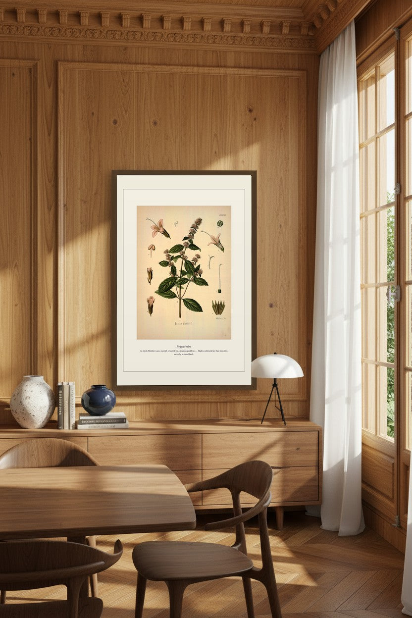 Peppermint print framed in a wood-paneled dining room above a sideboard with ceramic vases