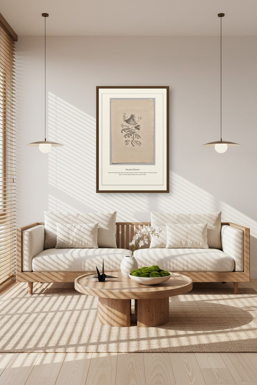 A framed botanical art print hangs on a light beige wall above a modern wooden sofa in a bright, minimalist living room with pendant lights and striped sunlight on the floor.
