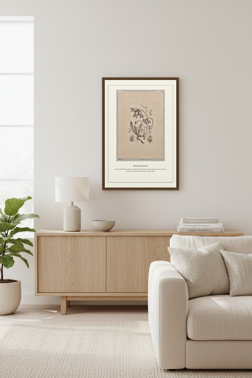 A framed botanical art print with a beige background and black illustration, displayed on a light gray wall above a wooden sideboard in a modern, minimalist living room setting.
