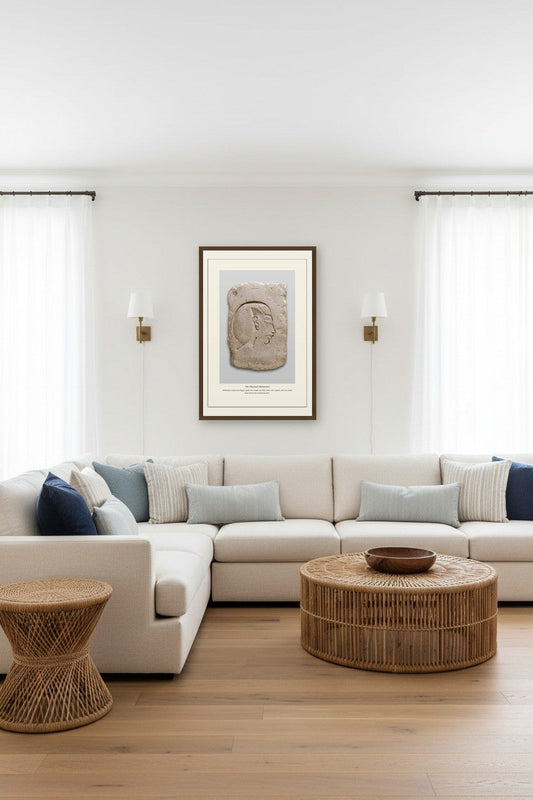 Framed The Pharaoh Akhenaten relief above a beige sectional in a living room