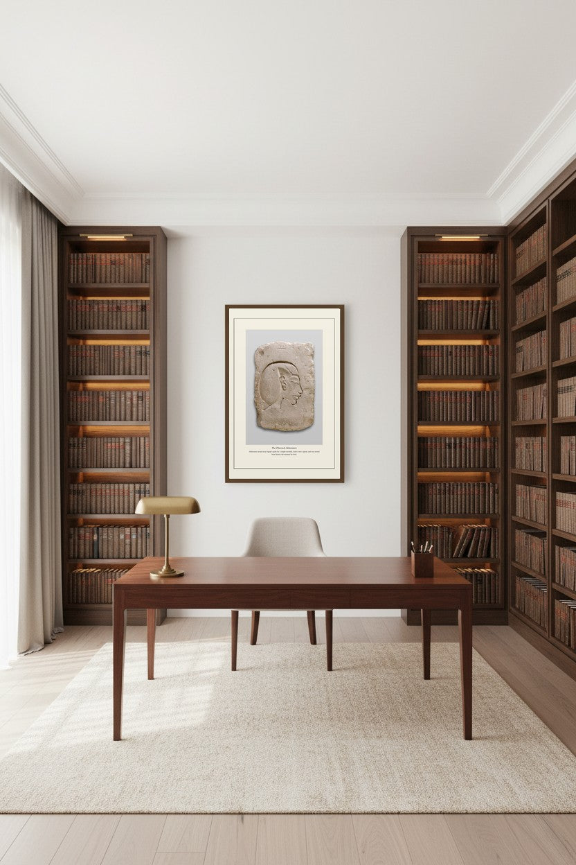 The Pharaoh Akhenaten print framed above a desk in a dark wood-paneled study