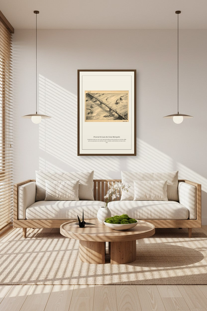 Pictorial St Louis the Great Metropolis print framed above a wood sideboard beneath pendant lights in a sunlit room