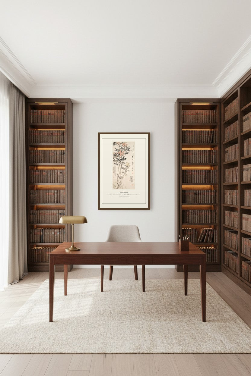 Pipa Loquats print framed on a bookshelf-lined study wall above a wooden desk