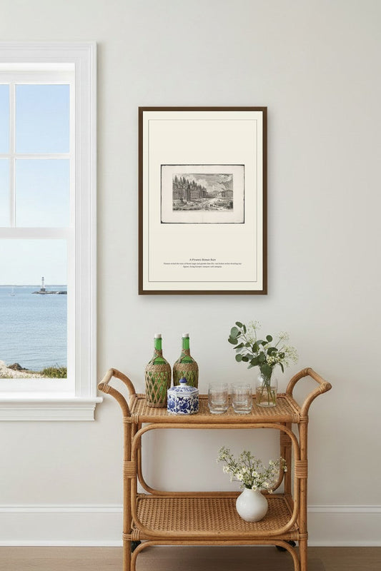 A Piranesi Roman Ruin framed above a light wood sideboard beside a curtained window